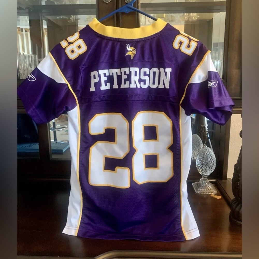 Vikings Nike Jersey Youth Kids 28 Peterson Purple White On Field Short Sleeve S